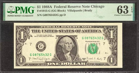 1988 A $1 Federal Reserve Note Fr.1915G Ladder Serial #5432 Pmg Cu 63 Epq (432G): Certification: PMG Grade: 63 Series Year: 1988-A. Year: 1988-A. Circulated/Uncirculated: Circulated Country: United States Category: Small Size $1 Federal Reserve Notes Serial No. : G08765432G Certifi