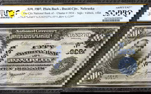 1902 $10 City National Banknote Currency David City Nebraska Pcgs 53 Au (027D): Certification: PCGS Grade Designation: EPQ/PPQ Grade: 53 PPQ Series Year: 1902 Year: 1902 Circulated/Uncirculated: Circulated Country: United States Category: Third Charter Period Serial No. : K163027