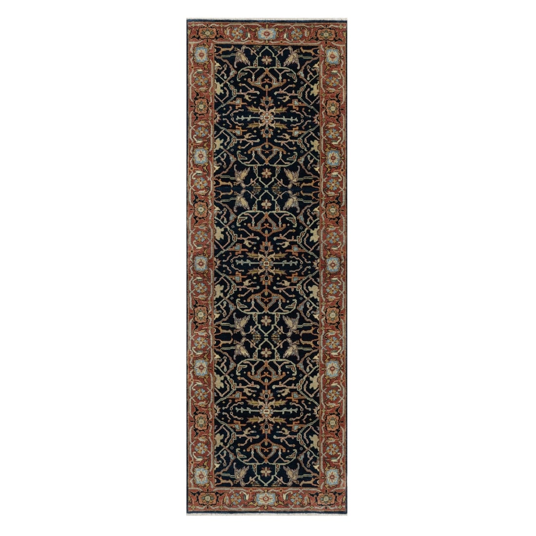 2'6"X8'1" Blue Organic Wool Antiqued Fine Heris Hand Knotted Runner Rug: Style: Heris Type: Indoor Material: Wool Color: Blue Item Length: 97 Item Width: 30 Rug Type: Hand Knotted Pile: Wool Shape: Runner Field Color: Blue Size: 2"6" x 8"1" / 76 CM X 246 CM Age: 2000-Now P