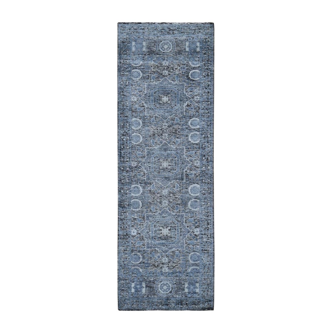 2'7"X8'1" Silk With Textured Wool Hi-Low Pile Mamluk Design Runner Rug: Style: Mamluk Type: Indoor Material: Silk Color: Blue Item Length: 97 Item Width: 31 Rug Type: Hand Knotted Pile: Wool & Silk Shape: Runner Field Color: Blue Size: 2"7" x 8"1" / 79 CM X 246 CM Age: 20