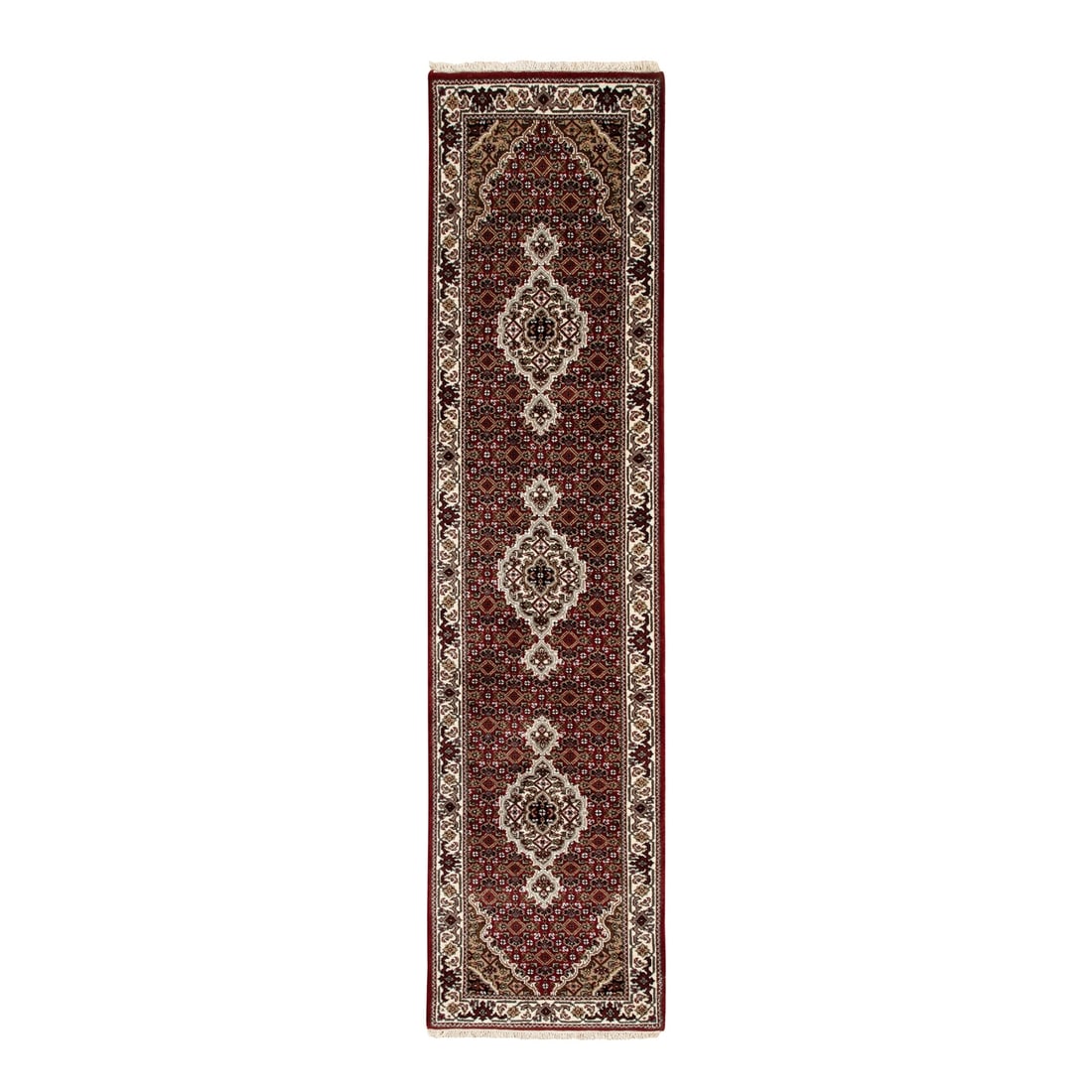 2'X8' Red Hand Knotted Fish Design Tebraz Mahi Wool And Silk Runner Rug: Style: Oriental Type: Indoor Material: Wool Color: Red Item Length: 96 Item Width: 24 Rug Type: Hand Knotted Pile: Wool & Silk Shape: Runner Field Color: Red Size: 2"0" x 8"0" / 61 CM X 244 CM Age: 20