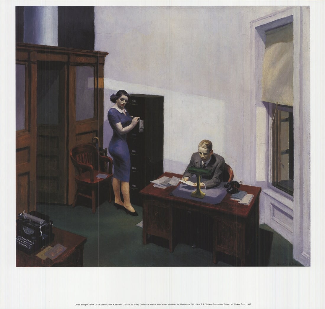 Edward Hopper Office At Night " Offset Lithograph Realism: Artist: Edward Hopper Title: Office at Night Year: 2009 Signed: No Medium: Offset Lithograph Paper Size: 17 x 17.75 inches ( 43 x 45 cm ) Image Size: 14.25 x 16 inches ( 36 x 41 cm ) Edition Size: Unk