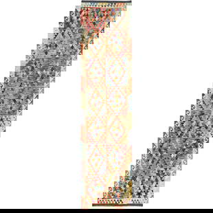 2'10"X12'8" Colorful Flat Weave Afghan Kilim Hand Woven Wool Runner Rug: Style: Kilim Type: Indoor Material: Wool Color: Multi Item Length: 152 Item Width: 34 Rug Type: Hand Woven Pile: Wool Shape: Runner Field Color: Multicolored Size: 2"10" x 12"8" / 86 CM X 386 CM Age: