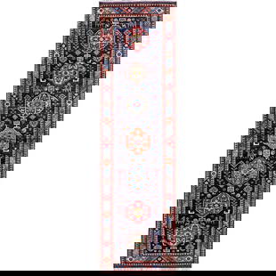 2'8"X9'6" Navy Blue Caucasian Design Revival Hand Knotted Wool Runner Rug: Style: Caucasian Type: Indoor Material: Wool Color: Blue Item Length: 114 Item Width: 32 Rug Type: Hand Knotted Pile: Wool Shape: Runner Field Color: Blue Size: 2"8" x 9"6" / 81 CM X 290 CM Age: 2000-