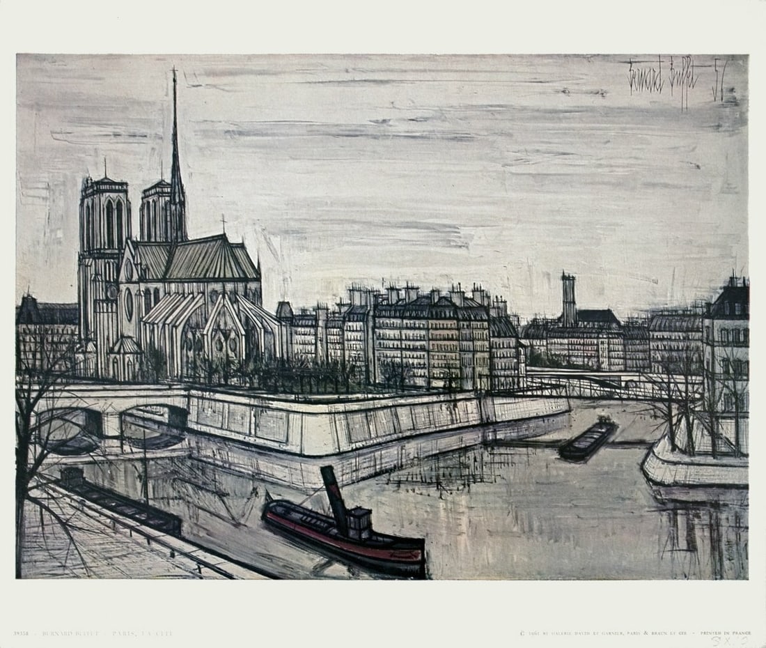 Bernard Buffet Paris, La Cite " Poster Modernism Neutral Paris: Artist: Bernard Buffet Title: Paris, La Cite Year: 1961 Signed: No Medium: Offset Lithograph Paper Size: 9.5 x 11.5 inches ( 24 x 29 cm ) Image Size: 7.5 x 10.75 inches ( 19 x 27 cm ) Edition Size: Un