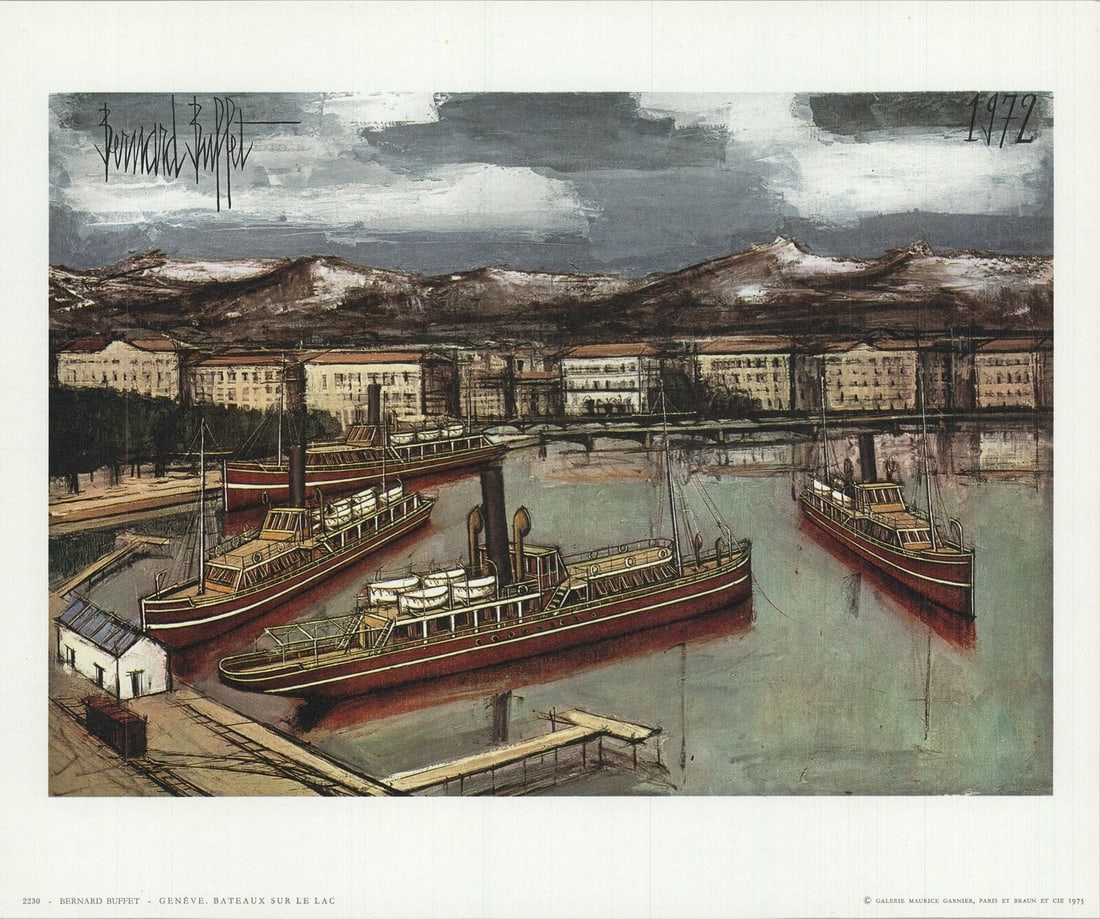 Bernard Buffet Geneve, Bateaux Sur Le Lac " Offset Lithograph Mo: Artist: Bernard Buffet Title: Geneve, Bateaux Sur Le Lac Year: 1973 Signed: No Medium: Offset Lithograph Paper Size: 9.5 x 11.5 inches ( 24 x 29 cm ) Image Size: 7.25 x 10.5 inches ( 18 x 27 cm ) Edit