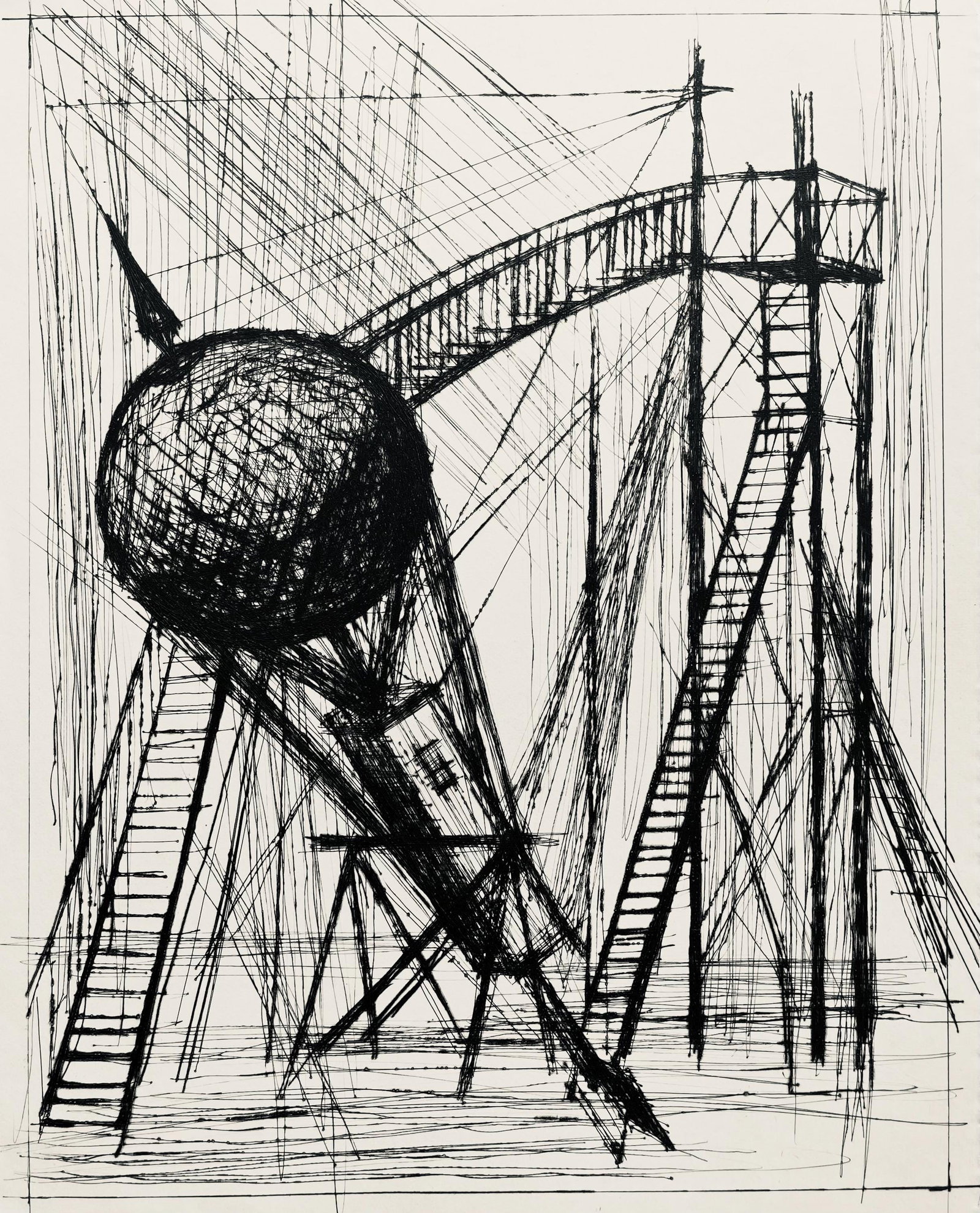 Bernard Buffet, Composition (Reinz 208-222), Voyages Fantastiques, Etching: Drypoint etching on papier de Rives B.F.K. pur fil paper. Paper size: 16.125 x 12.875 inches. Excellent condition. Unsigned and unnumbered, as issued. Notes: From the folio, Voyages fantastiques aux t