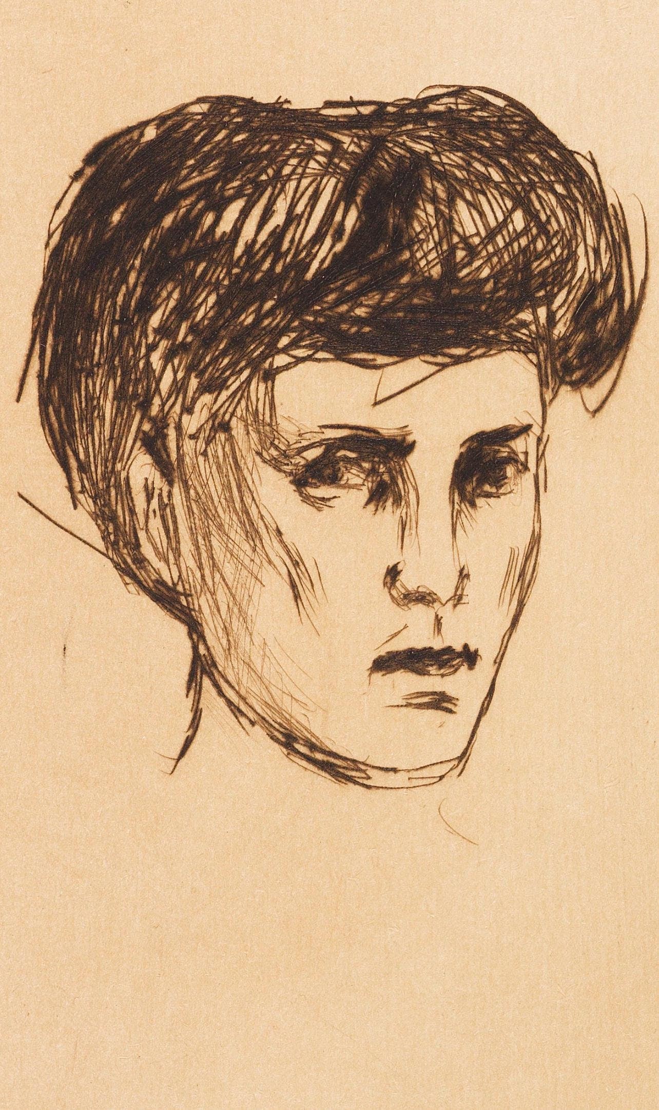 Edvard Munch, Kvinnehode (Schiefler 259; Woll 288), Etching: Drypoint on gewhnlichem aber holzfreiem vlin paper. Paper size: 9.055 x 5.71 inches. Excellent condition. Unsigned and unnumbered, as issued. Notes: From the album, Verzeichnis Des graphischen Werks E