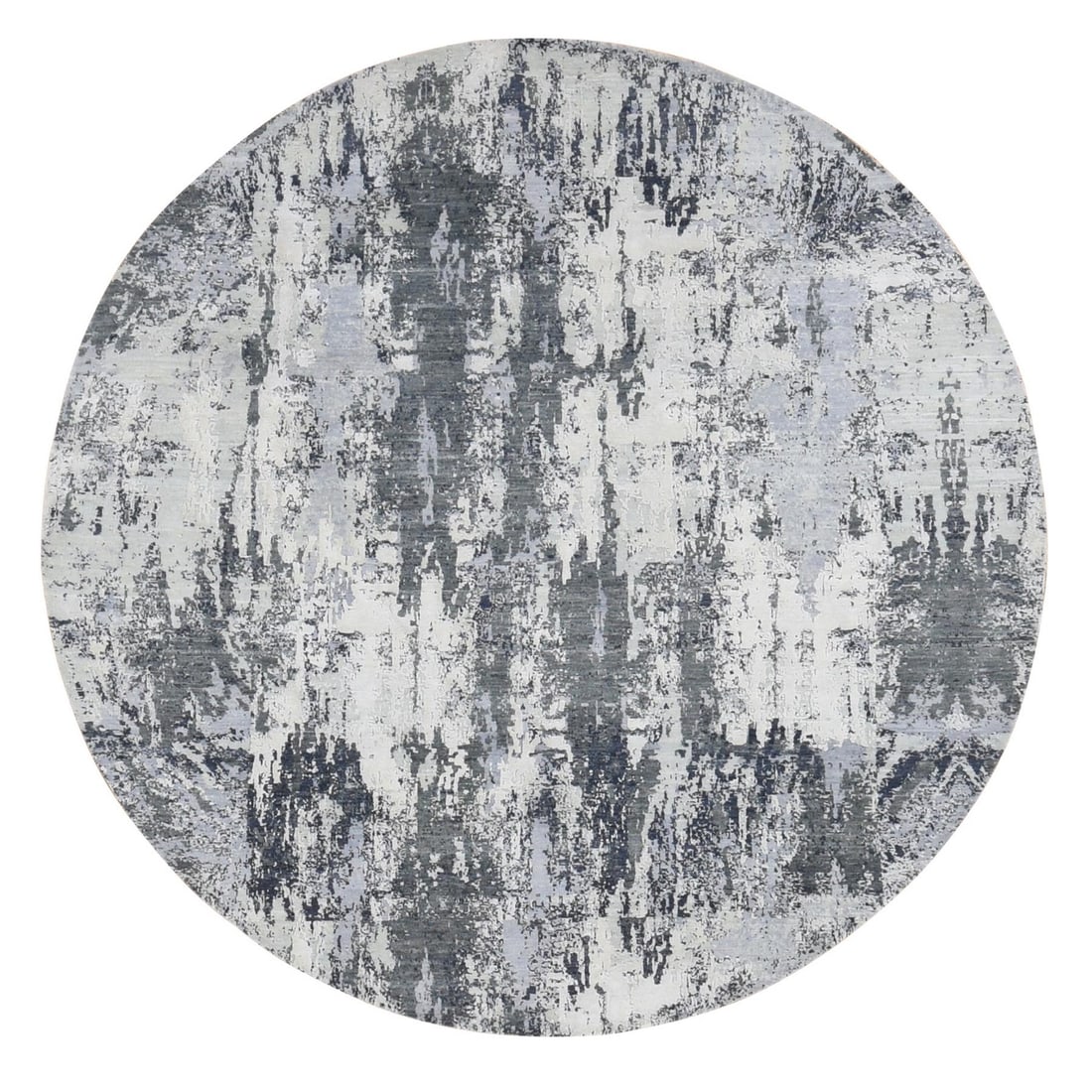8'1"X8'1" Gray Abstract Design Wool And Pure Silk Hand Knotted Round Rug: Style: Abstract Design Type: Indoor Material: Wool Color: Grey Item Length: 97 Item Width: 97 Rug Type: Hand Knotted Pile: Wool & Silk Shape: Round Field Color: Grey Size: 8"1" x 8"1" / 246 CM X 246 C