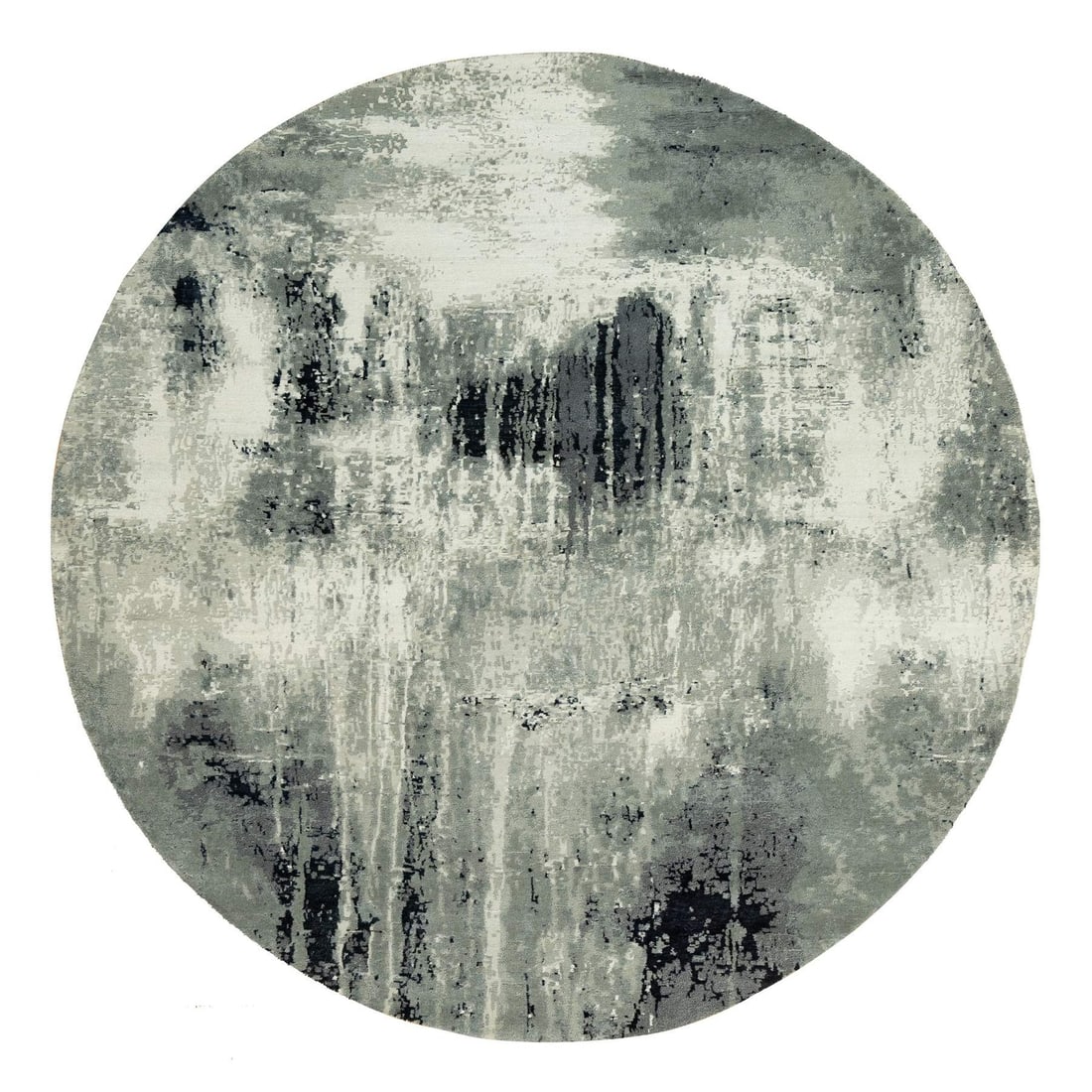 8'X8' Black Hand Knotted Abstract Wool And Silk Round Rug: Style: Modern Type: Indoor Material: Wool Color: Black Item Length: 97 Item Width: 97 Rug Type: Hand Knotted Pile: Wool & Silk Shape: Round Field Color: Black Size: 8"1" x 8"1" / 246 CM X 246 CM Age: