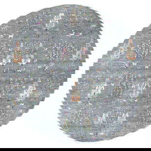 12'X12' Peshawar Folk Art Willow & Cypress Tree Design Handmade Round Rug: Type: Indoor Material: Wool Color: Grey Item Length: 144 Item Width: 144 Style: Oriental Rug Type: Hand Knotted Pile: Wool Shape: Round Field Color: Grey Size: 12"0" x 12"0" Age: 2000-Now Pattern: Ori