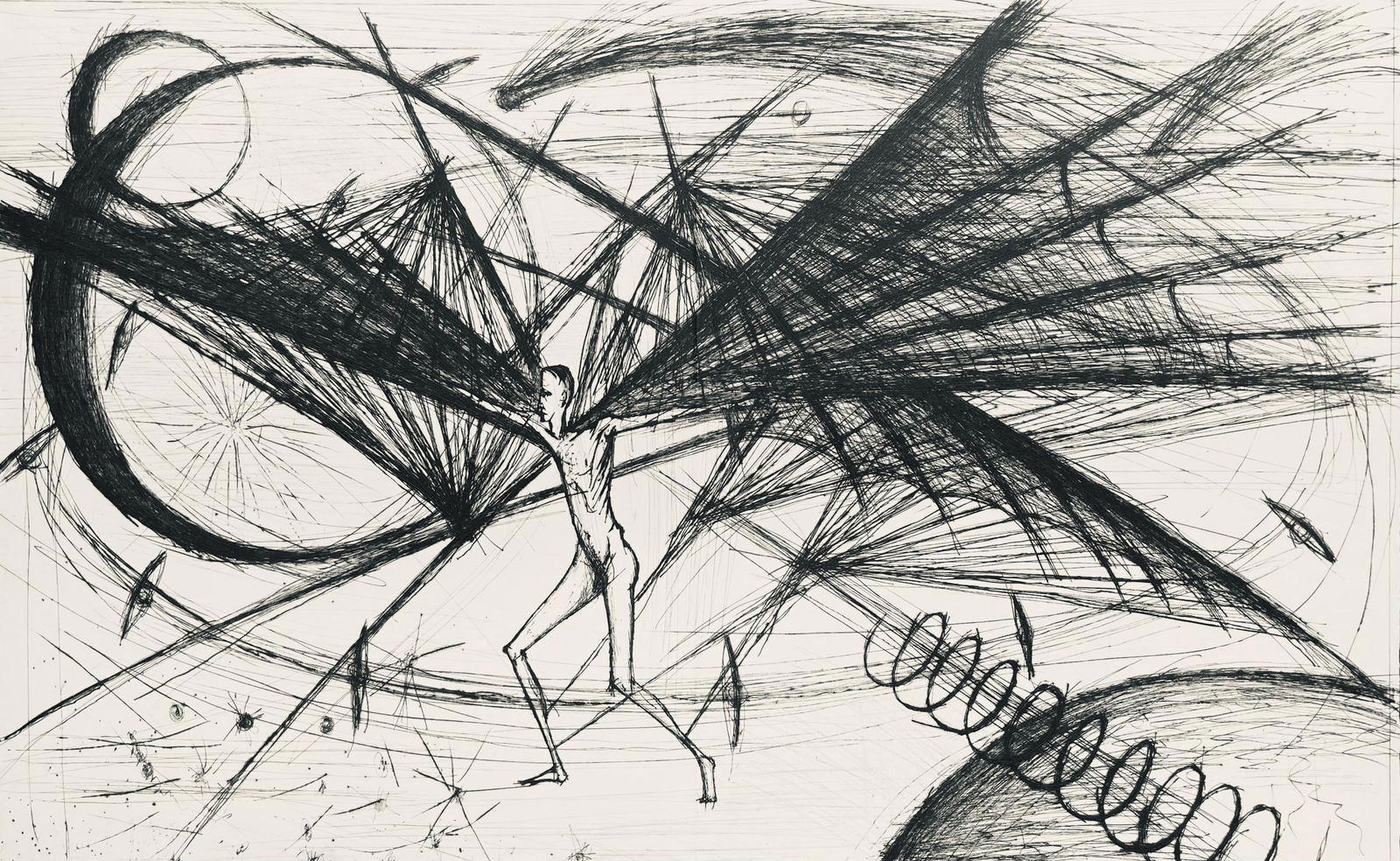 Bernard Buffet, Composition (Reinz 208-222), Voyages Fantastiques, Etching: Drypoint etching on papier de Rives B.F.K. pur fil paper. Paper size: 16.125 x 25.75 inches. Excellent condition, with centerfold, as issued. Unsigned and unnumbered, as issued. Notes: From the folio,