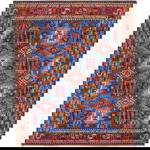 8'2"X9'9" Blue Antique Caucasian Design Revival Hand Knotted Pure Wool Rug: Style: Caucasian Type: Indoor Material: Wool Color: Blue Item Length: 117 Item Width: 98 Rug Type: Hand Knotted Pile: Wool Shape: Rectangular Field Color: Blue Size: 8"2" x 9"9" / 249 CM X 297 CM Age: