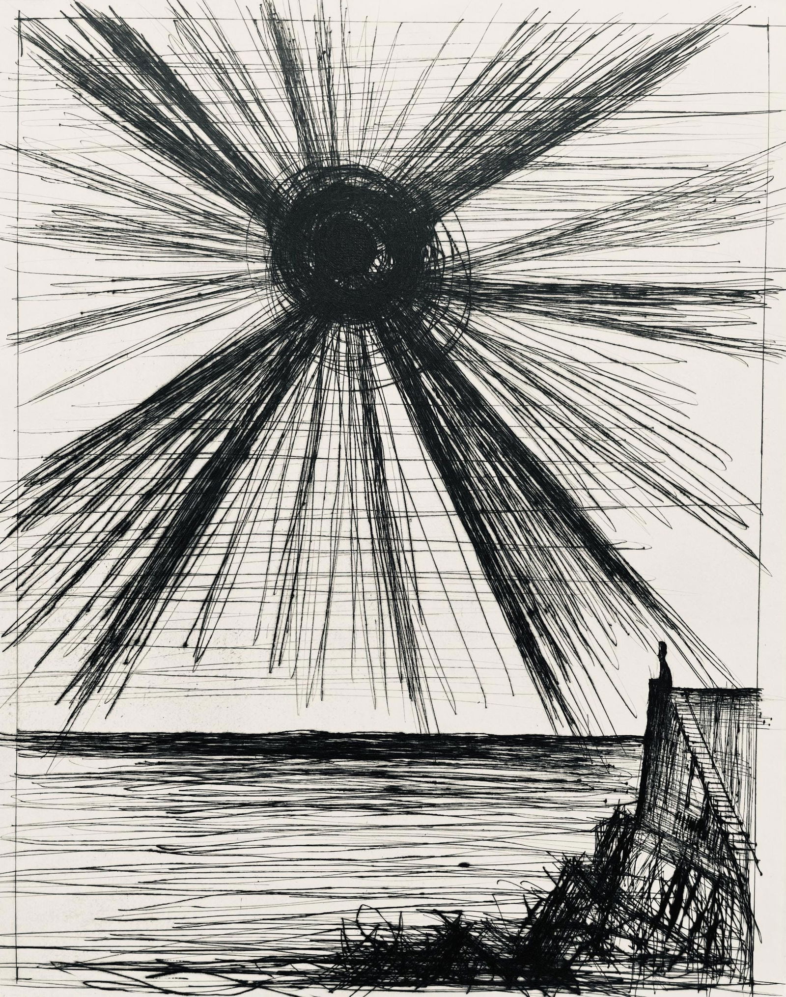Bernard Buffet, Composition (Reinz 208-222), Voyages Fantastiques, Etching: Drypoint etching on papier de Rives B.F.K. pur fil paper. Paper size: 16.125 x 12.875 inches. Excellent condition. Unsigned and unnumbered, as issued. Notes: From the folio, Voyages fantastiques aux t