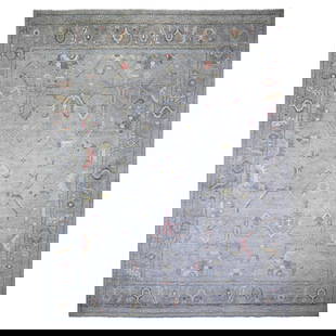 12'2"X15'5" Gray Angora Oushak Colorful Motifs Soft Wool Oriental Rug: Style: Oushak Type: Indoor Material: Wool Color: Grey Item Length: 185 Item Width: 146 Rug Type: Hand Knotted Pile: Wool Shape: Rectangular Field Color: Grey Size: 12"2" x 15"5" / 371 CM X 470 CM Age: