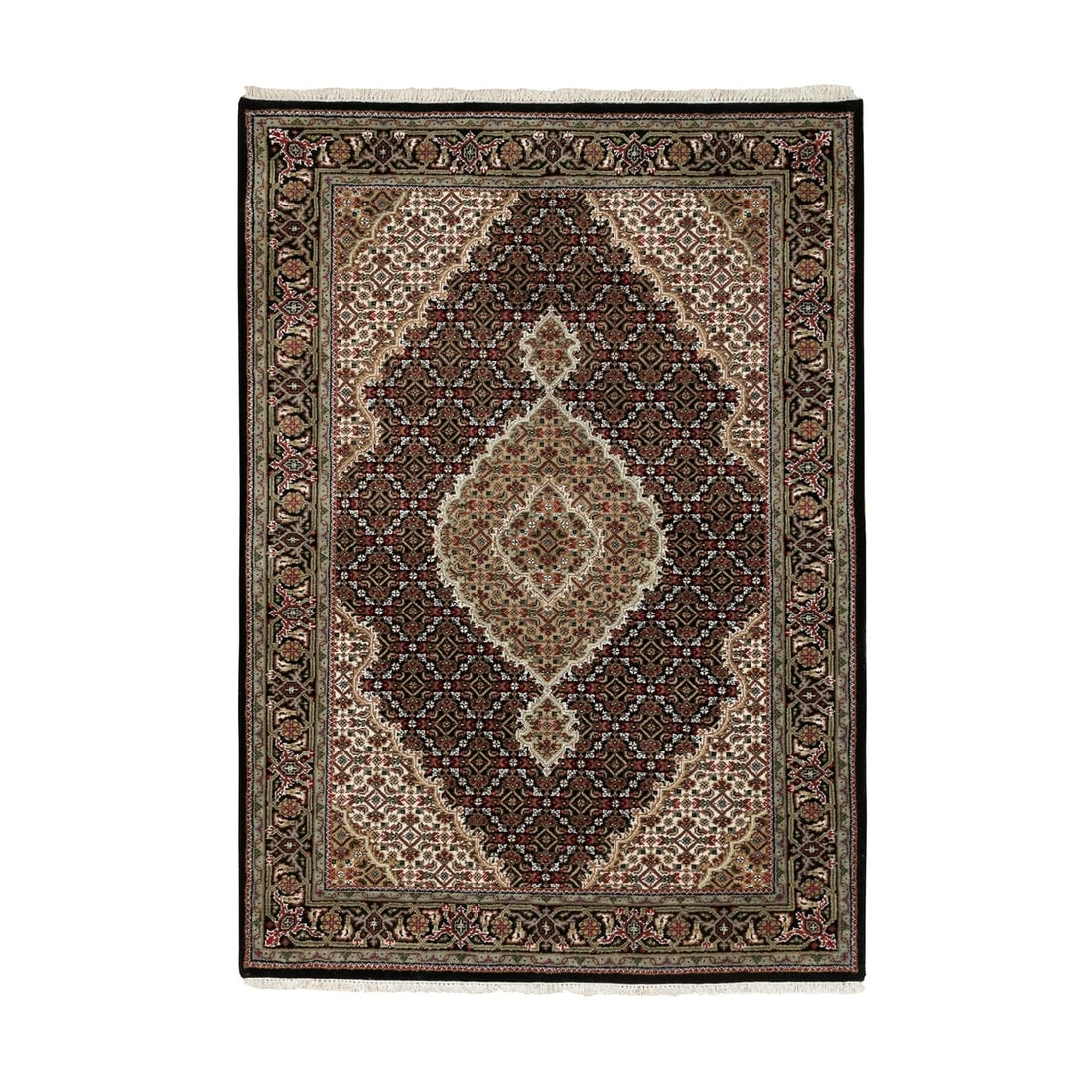 4'X6' Hand Knotted Wool-Silk Black Fish Design Tebraz Mahi Oriental Rug: Style: Oriental Type: Indoor Material: Wool Color: Black Item Length: 72 Item Width: 48 Rug Type: Hand Knotted Pile: Wool & Silk Shape: Rectangular Field Color: Black Size: 4"0" x 6"0" Age: 2000-Now P