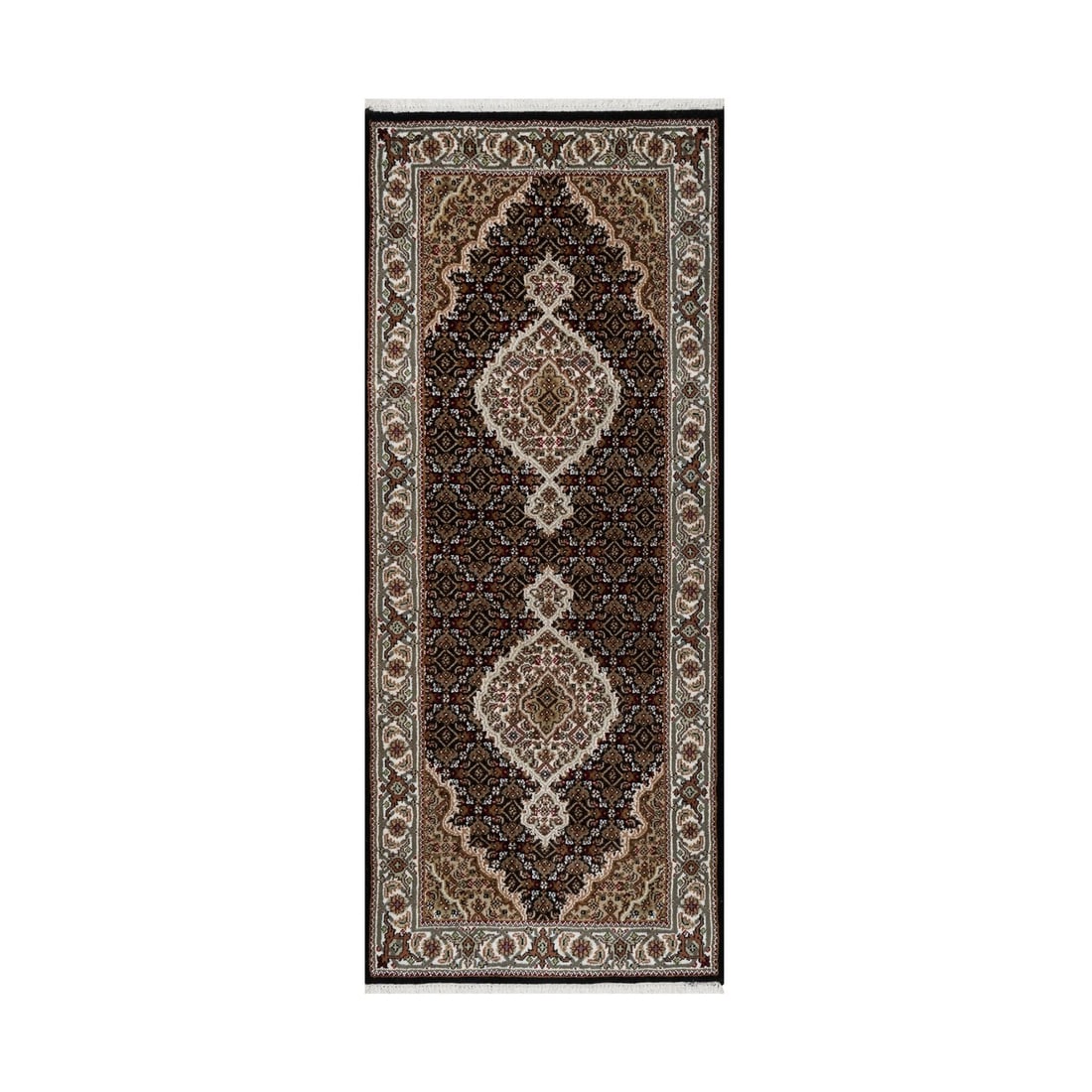 2'7"X6'3" Black Pure Wool Tebraz Mahi Fish Design Hand Knotted Runner Rug: Style: Tebraz Mahi Type: Indoor Material: Wool Color: Black Item Length: 75 Item Width: 31 Rug Type: Hand Knotted Pile: Wool Shape: Runner Field Color: Black Size: 2"7" x 6"3" / 79 CM X 191 CM Age: 20