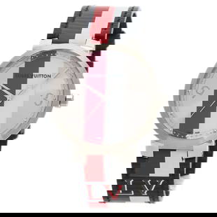 Louis Vuitton Watches Quartz Q1D Stainless Steel Silver Tambour Slim Kim Jones Limited Red X White: Gender: Mens Brand: LOUIS VUITTON Item: Watches Model: Tambour Slim Kim Jones Limited Gender: mens Color: Silver Material: Stainless Steel, Leather Specification: Movement : Quartz Display : Analog di
