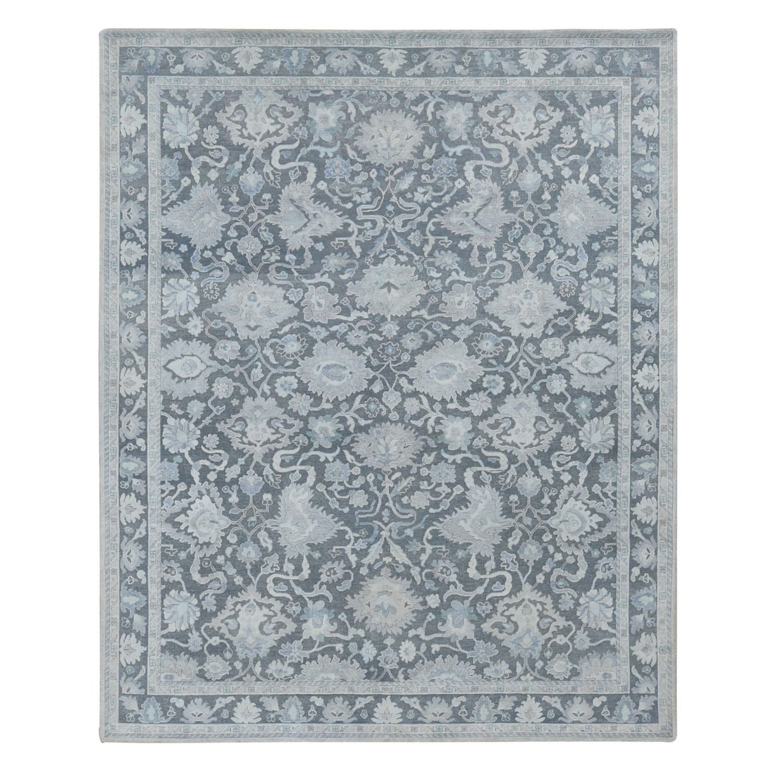 8'1"X10' Gray Hand Knotted Oushak Influence Pure Silk With Wool Rug: Style: Oushak Type: Indoor Material: Silk Color: Grey Item Length: 120 Item Width: 97 Rug Type: Hand Knotted Pile: Wool & Silk Shape: Rectangular Field Color: Grey Size: 8"1" x 10"0" / 246 CM X 305 CM