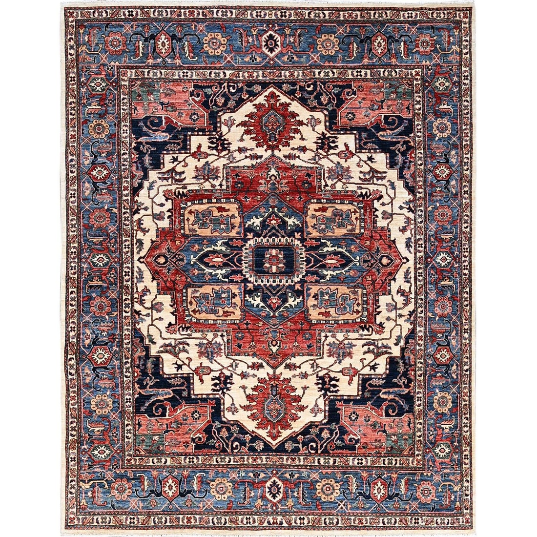 8'1"X10'1" Chiffon White Seeripe Heris Design Soft Wool Hand Knotted Rug: Style: Heris Type: Indoor Material: Wool Color: Ivory Item Length: 121 Item Width: 97 Rug Type: Hand Knotted Pile: Wool Shape: Rectangular Field Color: Ivory Size: 8"1" x 10"1" / 246 CM X 307 CM Age: