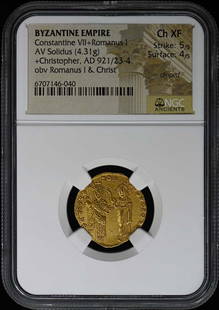 Constantine Vii+Romanus I 921/23 Ad Byzantine Solidus Ngc Ch Xf 5/4 Christopher: Certification: NGC Certification Number: 6707146040 Grade: Ch XF Product Disclaimer: Grades are third-party opinions; authenticity is guaranteed. Photos are part of the description. For inquiries, ple