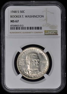 Washington, Booker T. 1948-S Silver Commemorative 50C Ngc Ms67: Certification: NGC Certification Number: 6954843013 Grade: MS67 Year: 1948 Denomination: Booker T. Washington 50c Circulated/Uncirculated: Uncirculated Mint Location: San Francisco Designation: NONE G