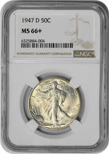 1947-D Walking Liberty Silver Half Dollar Ms66+ Ngc: Certification: NGC Circulated/Uncirculated: Uncirculated Year: 1947 Mint Location: Denver Km Number: 142 Denomination: 50C Grade: MS66 Composition: 90% Silver 10% Copper Coin: Liberty Walking Designer