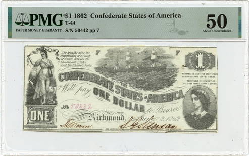 1862 $1 Confederate States Of America Pmg Au50 T-44: Certification: PMG Certification Number: 2202748034 Grade: AU50 Circulated/Uncirculated: Circulated Denomination: Confederate States of America Product Disclaimer: Grades are third-party opinions; aut