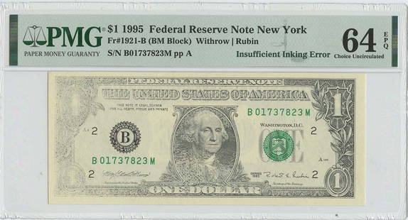 1995 $1 Frn Inking Error Note Fr#1921-B Pmg Ch Unc 64 Epq: Certification: PMG Certification Number: 1860135002 Grade: MS64 Circulated/Uncirculated: Uncirculated Denomination: Federal Reserve Note Type: 1921-B Year: 1995 Product Disclaimer: Grades are third-pa