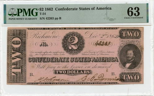 1862 $2 Confederate States Of America Pmg Ch63 T-54: Certification: PMG Certification Number: 2202748020 Grade: MS63 Circulated/Uncirculated: Uncirculated Denomination: Confederate States of America Product Disclaimer: Grades are third-party opinions; a