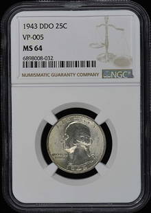 1943 Ddo Washington Quarter Vp-005 25C Ngc Ms64: Certification: NGC Certification Number: 6898008032 Grade: MS64 Year: 1943 Circulated/Uncirculated: Uncirculated Mint Location: NONE Designation: NONE Grade Add On: NONE Product Disclaimer: Grades are