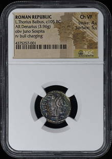 L.Thorius Balbus, C105 Bc Roman Republic Ar Denarius Ngc Vf30: Certification: NGC Certification Number: 4375257001 Denomination: Ancient Roman Grade: VF30 Date: NONE Product Disclaimer: Grades are third-party opinions; authenticity is guaranteed. Photos are part