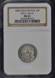 1848 France Essai 20F Maz-1261A Ngc Ms62: Circulated/Uncirculated: Uncirculated Year: 1848 Certification: NGC Certification Number: 3070708012 Grade: MS62 Product Disclaimer: Grades are third-party opinions; authenticity is guaranteed. Photos