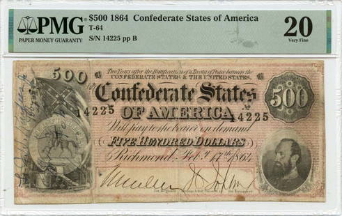 1864 $500 Confederate States Of America T-64 Pmg Vf20: Certification: PMG Certification Number: 2196626002 Grade: VF20 Circulated/Uncirculated: Circulated Denomination: Confederate States of America Type: T-64 Product Disclaimer: Grades are third-party op