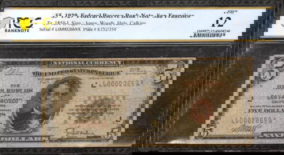 1929 $5 Federal Reserve Bank Note San Francisco Fr.1850-L Pcgs B Fine F 12 (669A: Certification: PCGS Grade: 12 Series Year: 1929 Year: 1929 Circulated/Uncirculated: Circulated Country: United States Category: Small Federal Reserve Bank Notes Serial No. : L00002669A Certification N