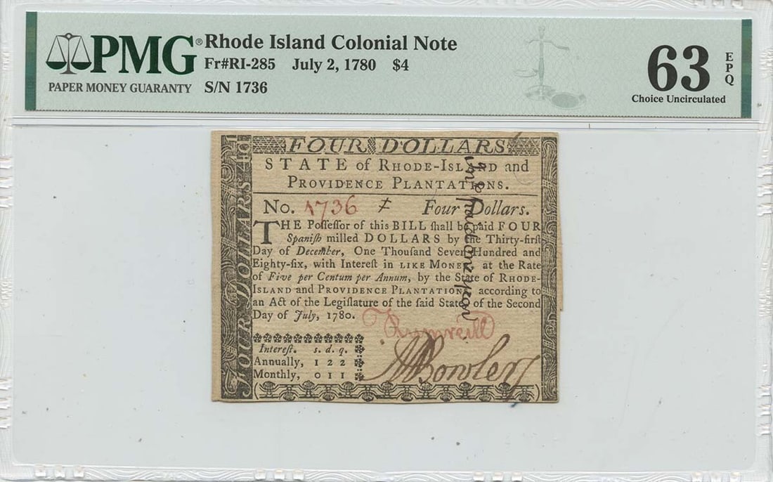 1780 July 2 $4 Rhode Island Colonial Note Ri-285 Pmg Zcu63 Epq Issued (1 of 1)