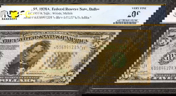 1928 A $5 Federal Reserve Note Fr.1951K Dallas Ka Block Pcgs 20 Very Fine (728A): Certification: PCGS Grade: 20 Series Year: 1928-A. Year: 1928-A. Circulated/Uncirculated: Circulated Country: United States Category: Small Size $5 Federal Reserve Notes Serial No. : K05894728A Certif