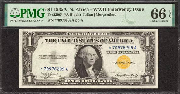 1935 A $1 North Africa Silver Certificate Fr.2306* Star Note Pmg 66 Epq (209A): Certification: PMG Grade: 66 Series Year: 1935A Year: 1935A Circulated/Uncirculated: Circulated Country: United States Category: Emergency Notes Issued During WW2 Serial No. : *70976209A Certification