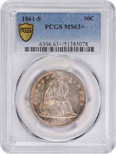 1861-S Liberty Seated Silver Half Dollar Ms63+ Pcgs: Certification: PCGS Circulated/Uncirculated: Circulated Year: 1861 Mint Location: San Francisco Km Number: A68 Denomination: 50C Composition: 90% Silver 10% Copper Grade: MS63 Coin: Seated Liberty Des