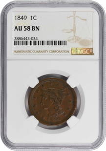 1849 Large Cent Au58Bn Ngc: Certification: NGC Circulated/Uncirculated: Circulated Year: 1849 Mint Location: Philadelphia Km Number: 67 Denomination: Large Cent Grade: AU Composition: Copper Coin: Braided Hair Designer: Christia