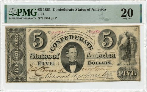 1861 $5 Confederate States Of America Pmg Vf20 T-34: Certification: PMG Certification Number: 2202748037 Grade: VF20 Circulated/Uncirculated: Circulated Denomination: Confederate States of America Product Disclaimer: Grades are third-party opinions; aut