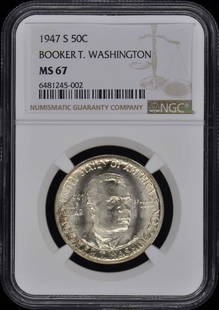 Washington, Booker T. 1947-S Silver Commemorative 50C Ngc Ms67: Certification: NGC Certification Number: 6481245002 Grade: MS67 Year: 1947 Denomination: Booker T. Washington 50c Circulated/Uncirculated: Uncirculated Mint Location: San Francisco Designation: NONE G