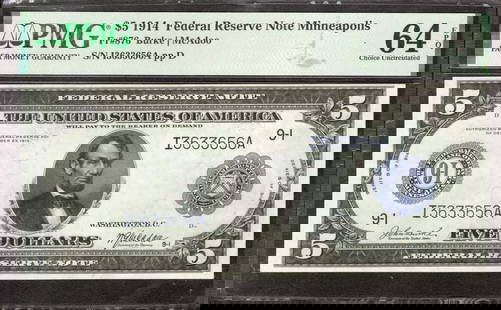 1914 $5 Federal Reserve Note Minneapolis Fr.876 Burke Mcadoo Pmg Cu 64 Epq (656A: Certification: PMG Grade Designation: EPQ/PPQ Grade: 64 EPQ Series Year: 1914 Year: 1914 Circulated/Uncirculated: Circulated Country: United States Category: Federal Reserve Notes Serial No. : I363365