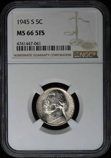 1945-S Jefferson Nickel 5C Ngc Ms66 5Fs: Certification: NGC Year: 1945 Circulated/Uncirculated: Uncirculated Denomination: Jefferson Nickel Grade: MS66 Mint Location: San Francisco Certification Number: 4741447041 Designation: 5FS Denominati