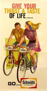 Schmidts Beer Bicycle Poster 1960S Advertisement 45X23 Inches Original Printing: Unit Of Sale: Single Piece Size: 45x23 Date Of Creation: 1963 Title: Schmidts Beer Bicycling Material: Canvas Paper Certificate Of Authenticity (Coa): Yes Original/Licensed Reprint: Original Framing: