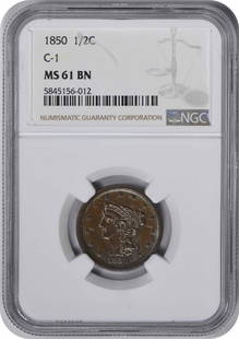 1850 Half Cent Ms61Bn Ngc: Certification: NGC Circulated/Uncirculated: Uncirculated Year: 1850 Mint Location: Philadelphia Km Number: 70 Denomination: 1/2C Grade: MS61 Composition: Copper Coin: Braided Hair Designer: Christian
