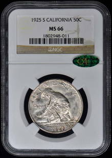 California 1925-S Silver Commemorative 50C Ngc Ms66 (Cac): Certification: NGC Certification Number: 1802948011-1 Grade: MS66 Year: 1925 Denomination: California 50c Circulated/Uncirculated: Uncirculated Mint Location: San Francisco Designation: NONE Grade Add