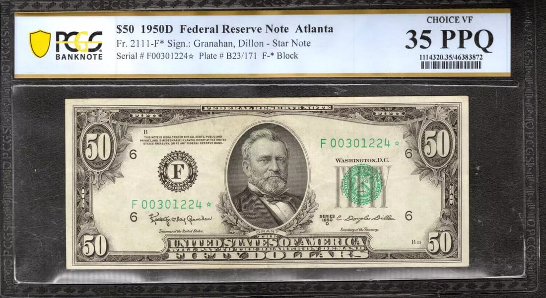 1950 D $50 Federal Reserve Star Note Atlanta Fr.2111-F* Pcgs Ch Vf 35 Ppq (224*) (1 of 2)