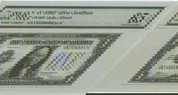 1928D $1 Silver Cert Fr#1604 Pmg 65 Gem Unc Epq: Certification: PMG Certification Number: 1026448004 Grade: MS65 Circulated/Uncirculated: Uncirculated Denomination: Silver Certificate Type: 1604 Year: 1928 Product Disclaimer: Grades are third-party