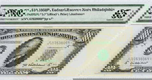 1950B $10 Federal Reserve Note Philadelphia  Fr# 2012-C* Pmg 65 Epq: Certification: PMG Certification Number: 1607122022 Grade: MS65 Circulated/Uncirculated: Uncirculated Denomination: Federal Reserve Note Type: 2012* Year: 1950 Product Disclaimer: Grades are third-par